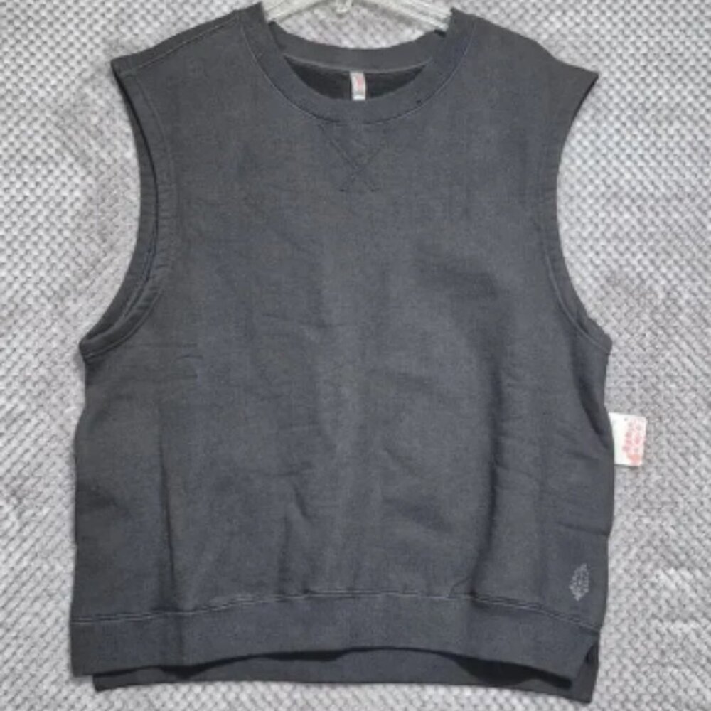 Free People Movement Sweatshirt Tank Pockets Oversized Small Black Logo NEW